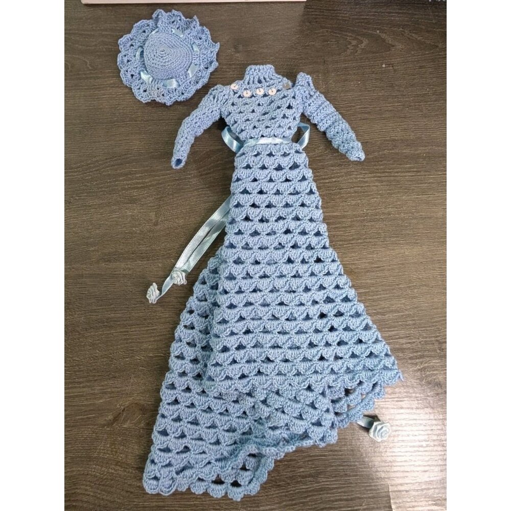 Handmade Crochet Barbie Victorian Style Blue Gown w Hat & Train Regency